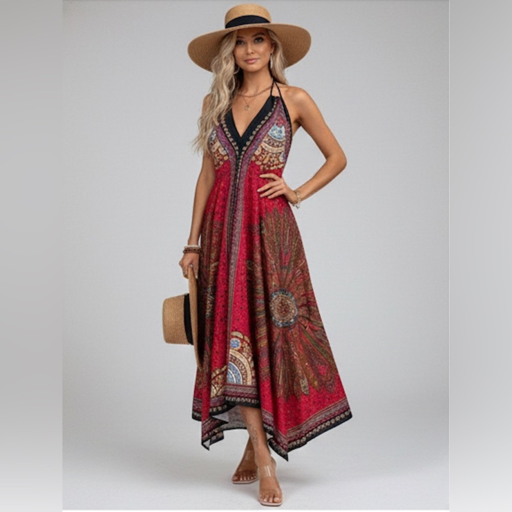 Boho Halter Neck Asymmetrical Hem Maxi Dress